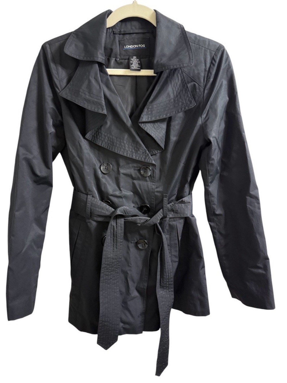 LONDON FOG BLACK DOUBLE BREASTED TRENCH COAT BELTED WOMEN’S SMALL JACKET - Picture 11 of 14